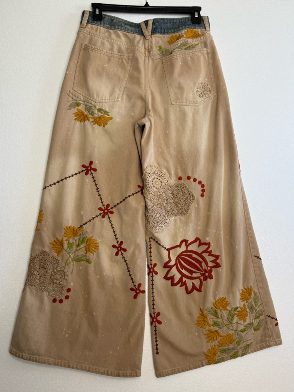 Free People Beige Wide-Leg Embroidered Pants with Red & Yellow Accents - Picture 3 of 16